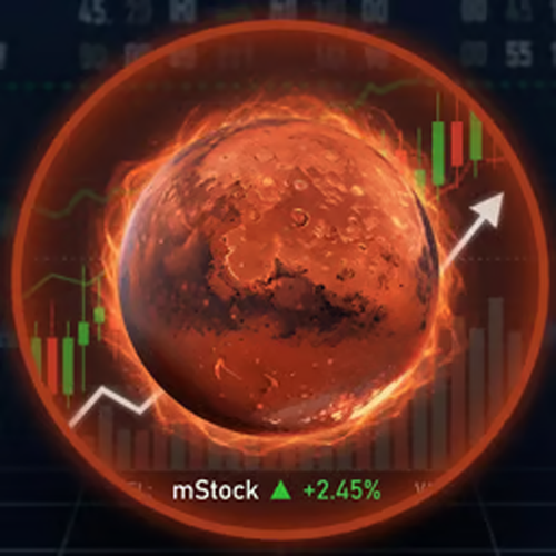 Burning Mars inside a trading ring with an upward chart